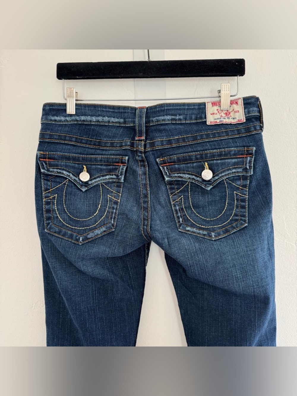 True Religion Joey Low Rise Flare Jeans Dark Blue Denim Distressed y2k 00s - Picture 6 of 14